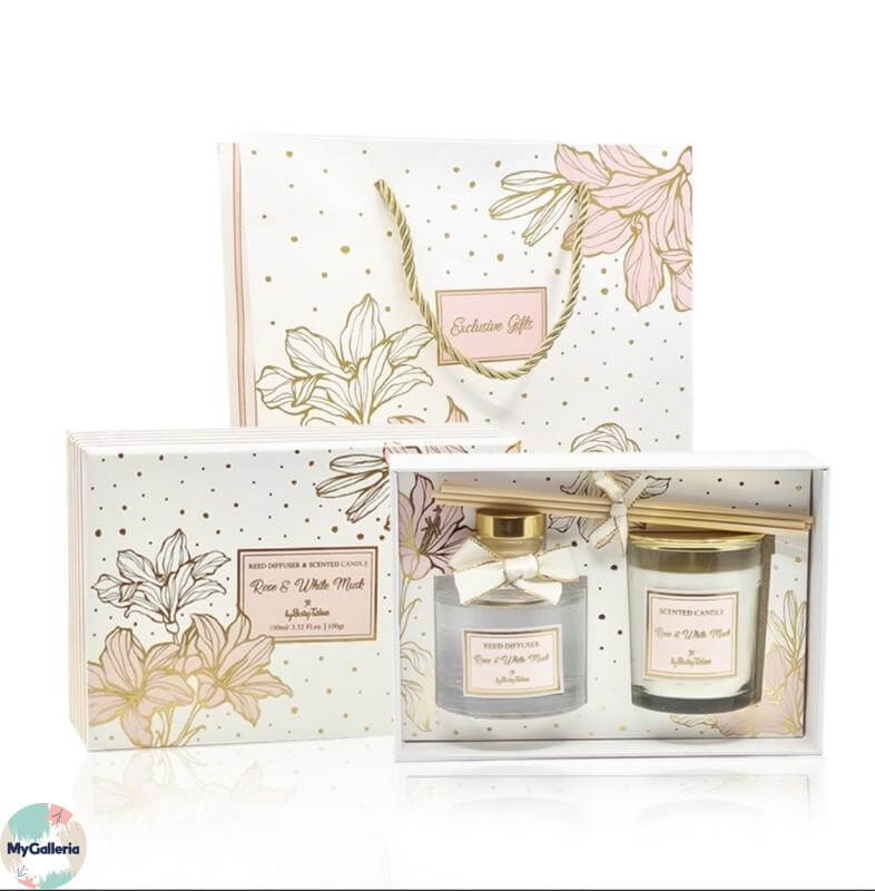 Σετ δώρου αρωματικό κερί και αρωματικό χώρου rose & white musk μαζί με τσάντα δώρου