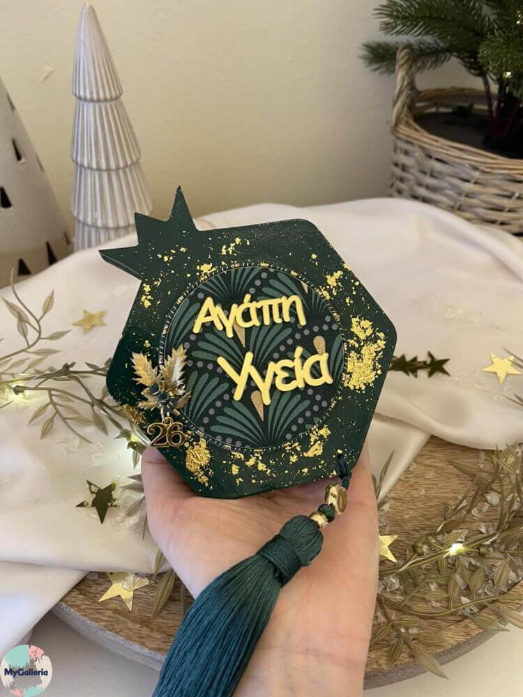 Green Xmas-Ξύλινο διακοσμητικό πολυγωνικό ρόδι με ευχές