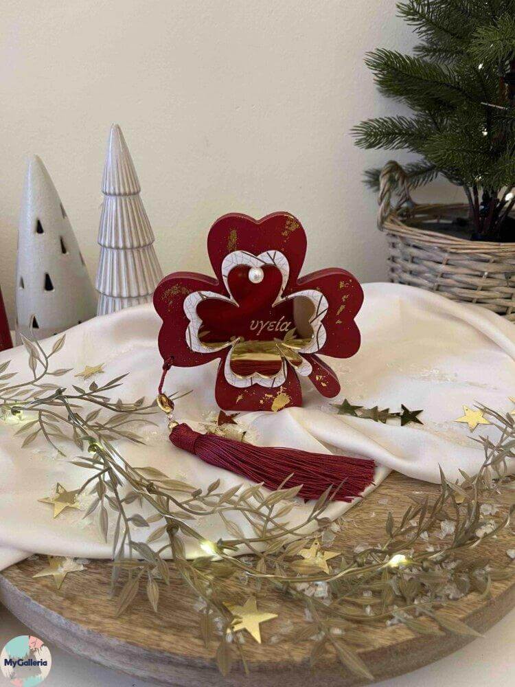 Red Xmas-Ξύλινο διακοσμητικό τριφύλι με ευχές