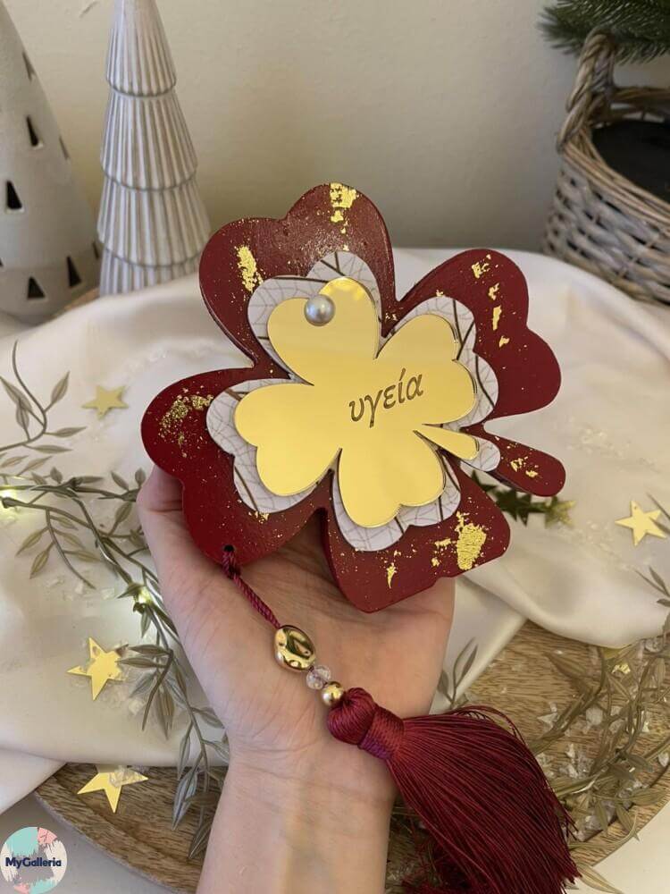 Red Xmas-Ξύλινο διακοσμητικό τριφύλι με ευχές