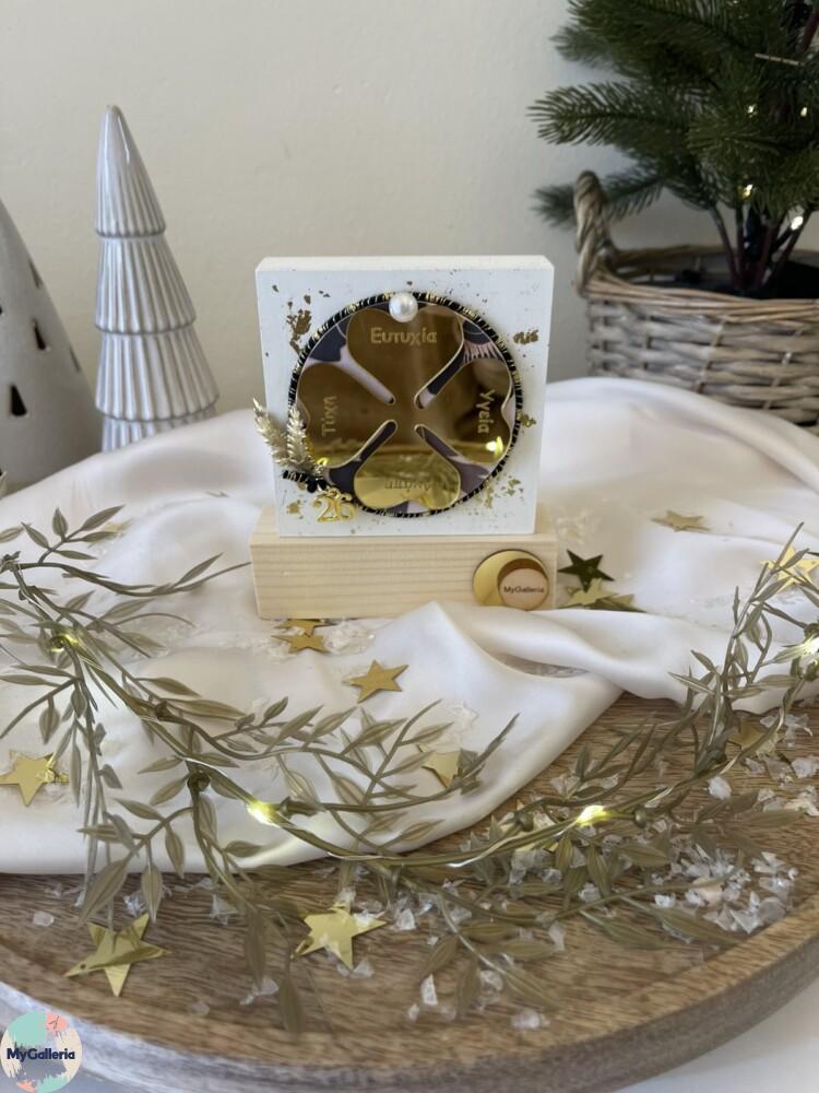 Black & White Xmas-Ξύλινο διακοσμητικό γούρι τριφύλι με ευχές