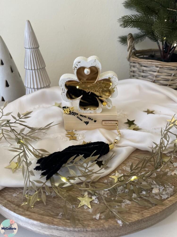 Black & White Xmas-Ξύλινο διακοσμητικό τριφύλι με ευχές