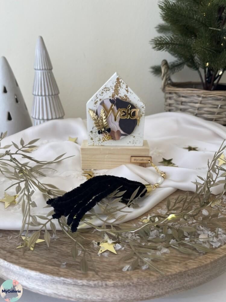 Black & White Xmas-Ξύλινο διακοσμητικό σπίτι με ευχές