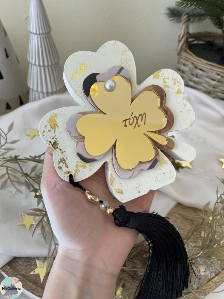 Black & White Xmas-Ξύλινο διακοσμητικό τριφύλι με ευχές